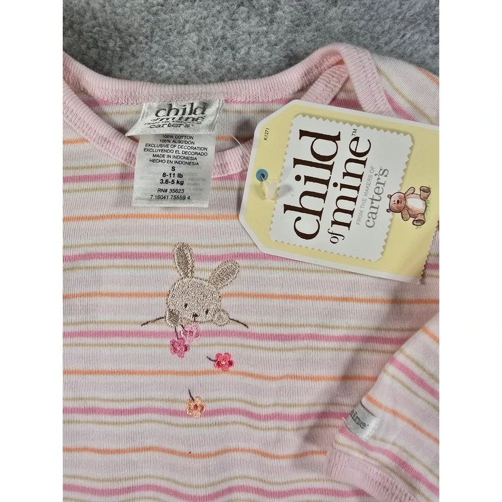 Y2K Carters Bodysuit Baby 0-3m Pink Striped Bunny Floral Long Sleeve NWT